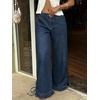 image:imageCHARTOU Women Ruffle Wide Leg Denim Pants High Waist Side Bow Tie Straight Baggy Jeans with PocketsDark Blue