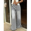 image:imageCHARTOU Women Ruffle Wide Leg Denim Pants High Waist Side Bow Tie Straight Baggy Jeans with PocketsGrey