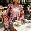 image:imageCHARTOU Womens Colorful Striped Knit Cardigan VNeck Button Front Loose Long Sleeve Crochet Sweater Coat Rainbow KnitwearRainbow