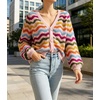 image:imageCHARTOU Womens Colorful Striped Knit Cardigan VNeck Button Front Loose Long Sleeve Crochet Sweater Coat Rainbow KnitwearRainbow