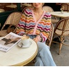 image:imageCHARTOU Womens Colorful Striped Knit Cardigan VNeck Button Front Loose Long Sleeve Crochet Sweater Coat Rainbow KnitwearRainbow