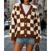 image:imageCHARTOU Womens Fuzzy Plaid Checkered Knit Open Front Cardigan Soft Fluffy Mink SweaterBrown