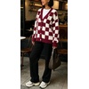 image:imageCHARTOU Womens Fuzzy Plaid Checkered Knit Open Front Cardigan Soft Fluffy Mink SweaterBurgundy