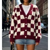 image:imageCHARTOU Womens Fuzzy Plaid Checkered Knit Open Front Cardigan Soft Fluffy Mink SweaterBurgundy