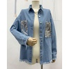 image:imageCHARTOU Womens Oversized Button Down Shirt Sequins Irregular Distress Jeans Shacket JacketBlue