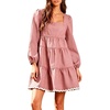 image:imageCHARTOU Women Denim Mini Dress Long Sleeve Back Zip Contrast Trim Babydoll Tiered Jean Dress with PocketsPink