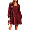 image:imageCHARTOU Women Denim Mini Dress Long Sleeve Back Zip Contrast Trim Babydoll Tiered Jean Dress with PocketsRed