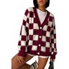 image:imageCHARTOU Womens Fuzzy Plaid Checkered Knit Open Front Cardigan Soft Fluffy Mink SweaterBurgundy