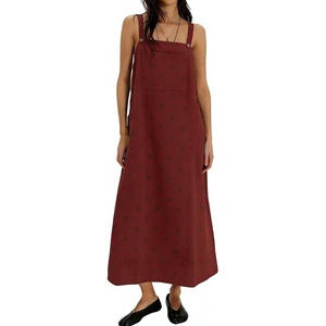 image:imageCHARTOU Polka Dot Denim Overalls Dress for Women Y2k Adjustable Strap Loose Maxi Long Jean DressWine