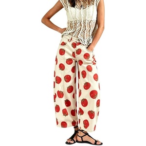 image:imageCHARTOU Women Barrel Wide Leg Jeans High Waist Tomato Print Denim Pants with PocketsBeige