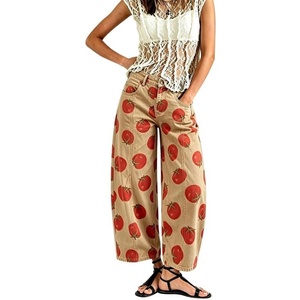 image:imageCHARTOU Women Barrel Wide Leg Jeans High Waist Tomato Print Denim Pants with PocketsKhaki
