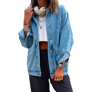 image:imageCHARTOU Women Casual Button Down Light Denim Jacket Varsity Long Sleeve Oversized Jean JacketBlue