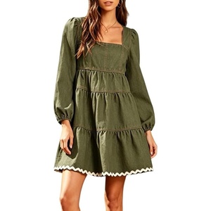 image:imageCHARTOU Women Denim Mini Dress Long Sleeve Back Zip Contrast Trim Babydoll Tiered Jean Dress with PocketsArmy Green
