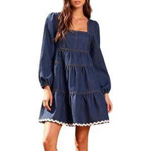 image:imageCHARTOU Women Denim Mini Dress Long Sleeve Back Zip Contrast Trim Babydoll Tiered Jean Dress with PocketsDark Blue
