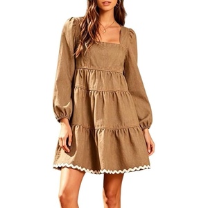 image:imageCHARTOU Women Denim Mini Dress Long Sleeve Back Zip Contrast Trim Babydoll Tiered Jean Dress with PocketsKhaki