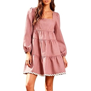image:imageCHARTOU Women Denim Mini Dress Long Sleeve Back Zip Contrast Trim Babydoll Tiered Jean Dress with PocketsPink