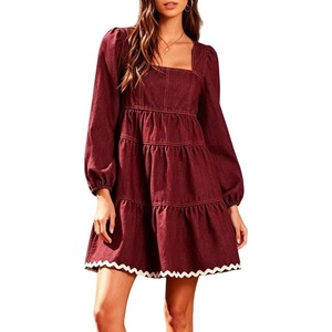 image:imageCHARTOU Women Denim Mini Dress Long Sleeve Back Zip Contrast Trim Babydoll Tiered Jean Dress with PocketsRed