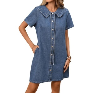 image:imageCHARTOU Women Denim Mini Dress Summer Button Down Tie Front Preppy Shift Jean DressBlue