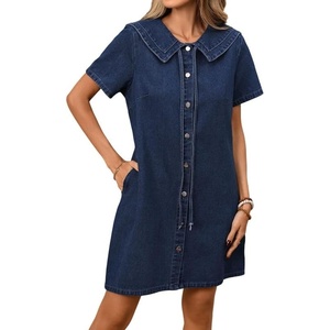 image:imageCHARTOU Women Denim Mini Dress Summer Button Down Tie Front Preppy Shift Jean DressDark Blue