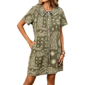 image:imageCHARTOU Women Denim Mini Dress Summer Button Down Tie Front Preppy Shift Jean DressGreen
