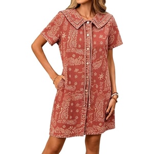 image:imageCHARTOU Women Denim Mini Dress Summer Button Down Tie Front Preppy Shift Jean DressWine