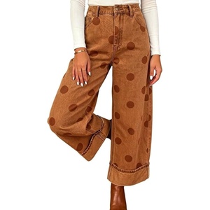 image:imageCHARTOU Women High Rise Wide Leg Jeans Baggy Crop Cuffed Hem Denim Polka Dot PantsBrown