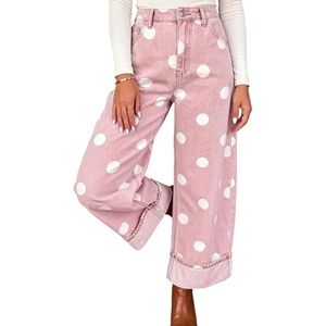 image:imageCHARTOU Women High Rise Wide Leg Jeans Baggy Crop Cuffed Hem Denim Polka Dot PantsPink