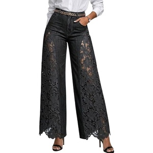 image:imageCHARTOU Women Lace Patchwork Jeans Baggy Floral Denim Wide Leg Pants with PocketsBlack