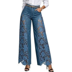 image:imageCHARTOU Women Lace Patchwork Jeans Baggy Floral Denim Wide Leg Pants with PocketsBlue