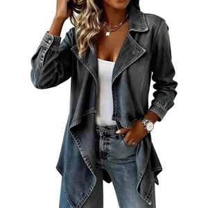 image:imageCHARTOU Women Leopard Denim Jacket Long Sleeve Open Front Patchwork Cardigan CoatDark Grey