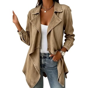 image:imageCHARTOU Women Leopard Denim Jacket Long Sleeve Open Front Patchwork Cardigan CoatKhaki