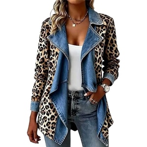 image:imageCHARTOU Women Leopard Denim Jacket Long Sleeve Open Front Patchwork Cardigan CoatLeopard