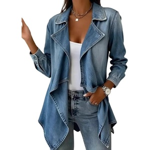 image:imageCHARTOU Women Leopard Denim Jacket Long Sleeve Open Front Patchwork Cardigan CoatLight Blue
