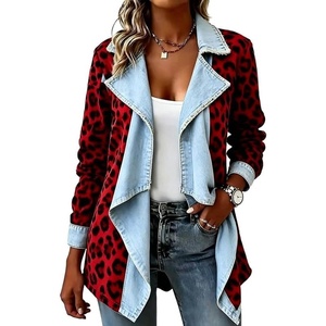 image:imageCHARTOU Women Leopard Denim Jacket Long Sleeve Open Front Patchwork Cardigan CoatRed Leopard