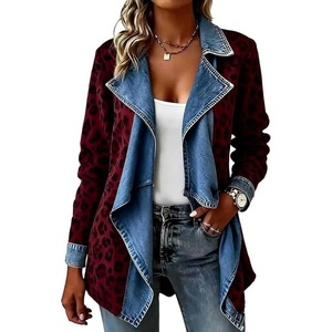 image:imageCHARTOU Women Leopard Denim Jacket Long Sleeve Open Front Patchwork Cardigan CoatWine Leopard