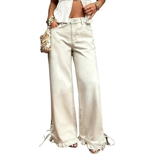 image:imageCHARTOU Women Ruffle Wide Leg Denim Pants High Waist Side Bow Tie Straight Baggy Jeans with PocketsBeige