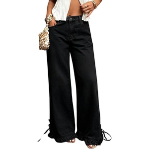 image:imageCHARTOU Women Ruffle Wide Leg Denim Pants High Waist Side Bow Tie Straight Baggy Jeans with PocketsBlack