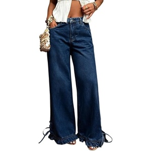 image:imageCHARTOU Women Ruffle Wide Leg Denim Pants High Waist Side Bow Tie Straight Baggy Jeans with PocketsDark Blue