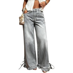 image:imageCHARTOU Women Ruffle Wide Leg Denim Pants High Waist Side Bow Tie Straight Baggy Jeans with PocketsGrey