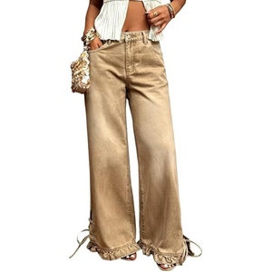 image:imageCHARTOU Women Ruffle Wide Leg Denim Pants High Waist Side Bow Tie Straight Baggy Jeans with PocketsKhaki
