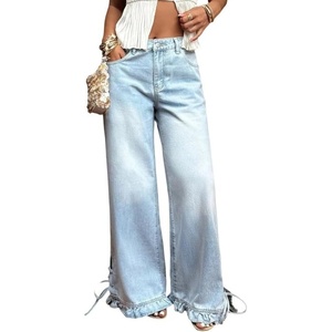 image:imageCHARTOU Women Ruffle Wide Leg Denim Pants High Waist Side Bow Tie Straight Baggy Jeans with PocketsLight Blue