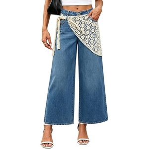 image:imageCHARTOU Women Wide Leg Capri Jeans with Detachable Crochet Lace Wrap Scarf Y2K Denim PantsBlue