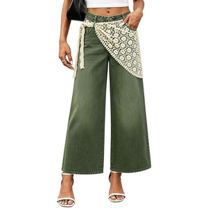 image:imageCHARTOU Women Wide Leg Capri Jeans with Detachable Crochet Lace Wrap Scarf Y2K Denim PantsGreen