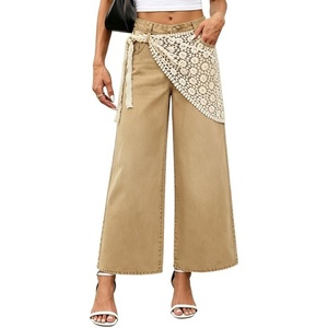 image:imageCHARTOU Women Wide Leg Capri Jeans with Detachable Crochet Lace Wrap Scarf Y2K Denim PantsKhaki