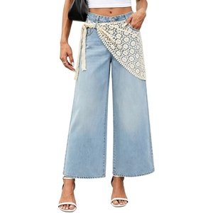 image:imageCHARTOU Women Wide Leg Capri Jeans with Detachable Crochet Lace Wrap Scarf Y2K Denim PantsLight Blue