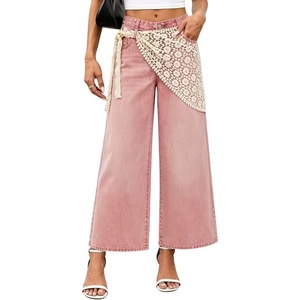 image:imageCHARTOU Women Wide Leg Capri Jeans with Detachable Crochet Lace Wrap Scarf Y2K Denim PantsPink