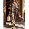 image:imageCHARTOU Women Gingham Maxi Shirt Dress Causal Buttoned Short Sleeve Summer Plaid DressBrown