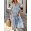 image:imageCHARTOU Women Gingham Maxi Shirt Dress Causal Buttoned Short Sleeve Summer Plaid DressLight Blue