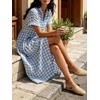 image:imageCHARTOU Women Gingham Maxi Shirt Dress Causal Buttoned Short Sleeve Summer Plaid DressLight Blue