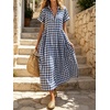 image:imageCHARTOU Women Gingham Maxi Shirt Dress Causal Buttoned Short Sleeve Summer Plaid DressNavy